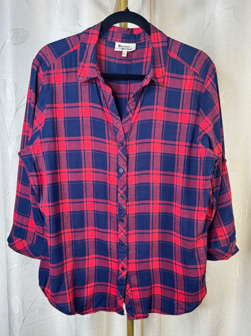 Hester & Orchard Navy/Red Plaid Long Sleeve Button Up Shirt, Size XL